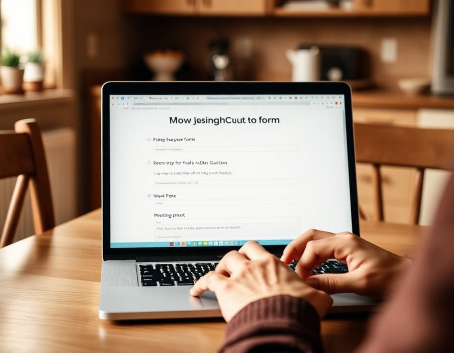 Person fyller i offertformuläret på en laptop vid köksbordet
